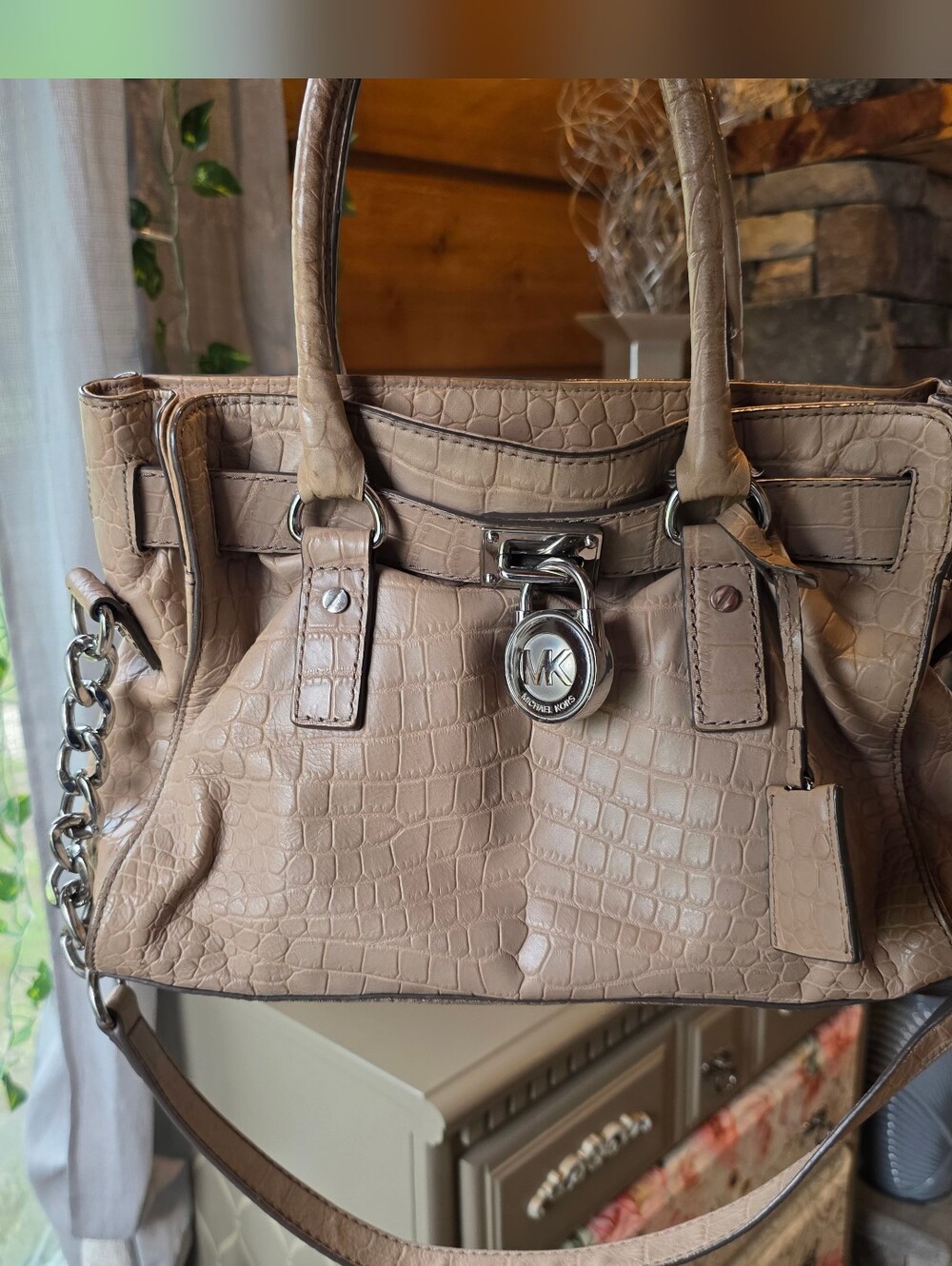 Michael Kors Hamilton Crocodile Tan Satchel Embossed Leather Purse Bag Croc